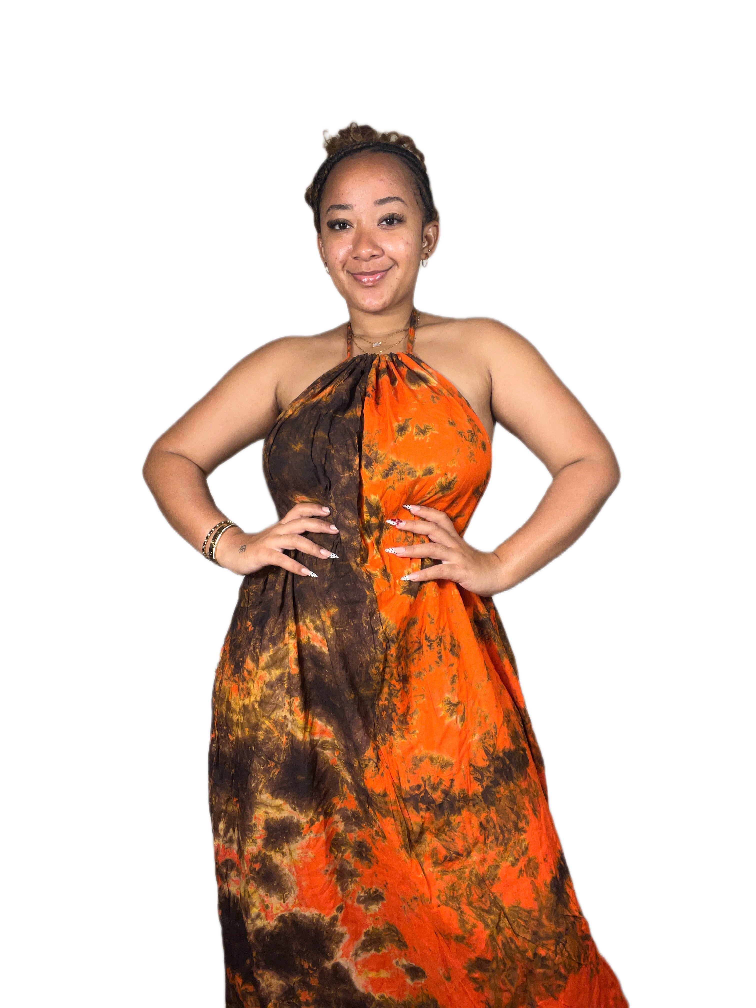 Orange black maxi backless dera